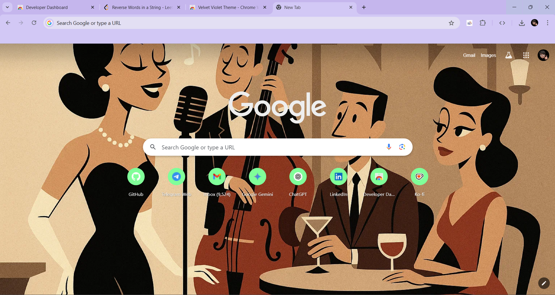Velvet Violet Theme with violin and people in the background pic